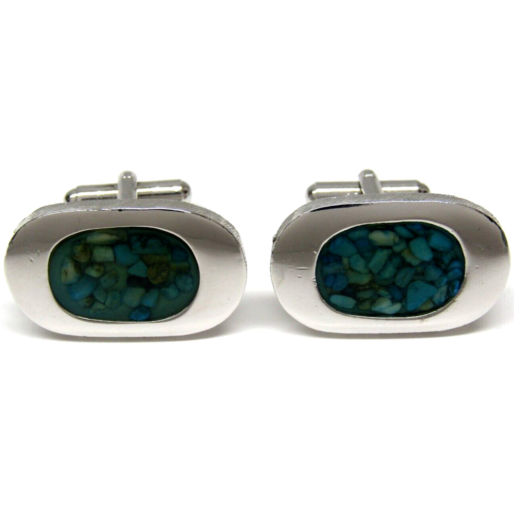 Celebrity Cufflinks Turquoise Chip Silver Large Oval Vintage Mens Formal Wear